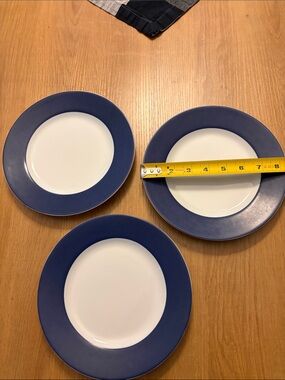 Crate&Barrel White Center Dinner Plates with Navy Rim - Set of 3